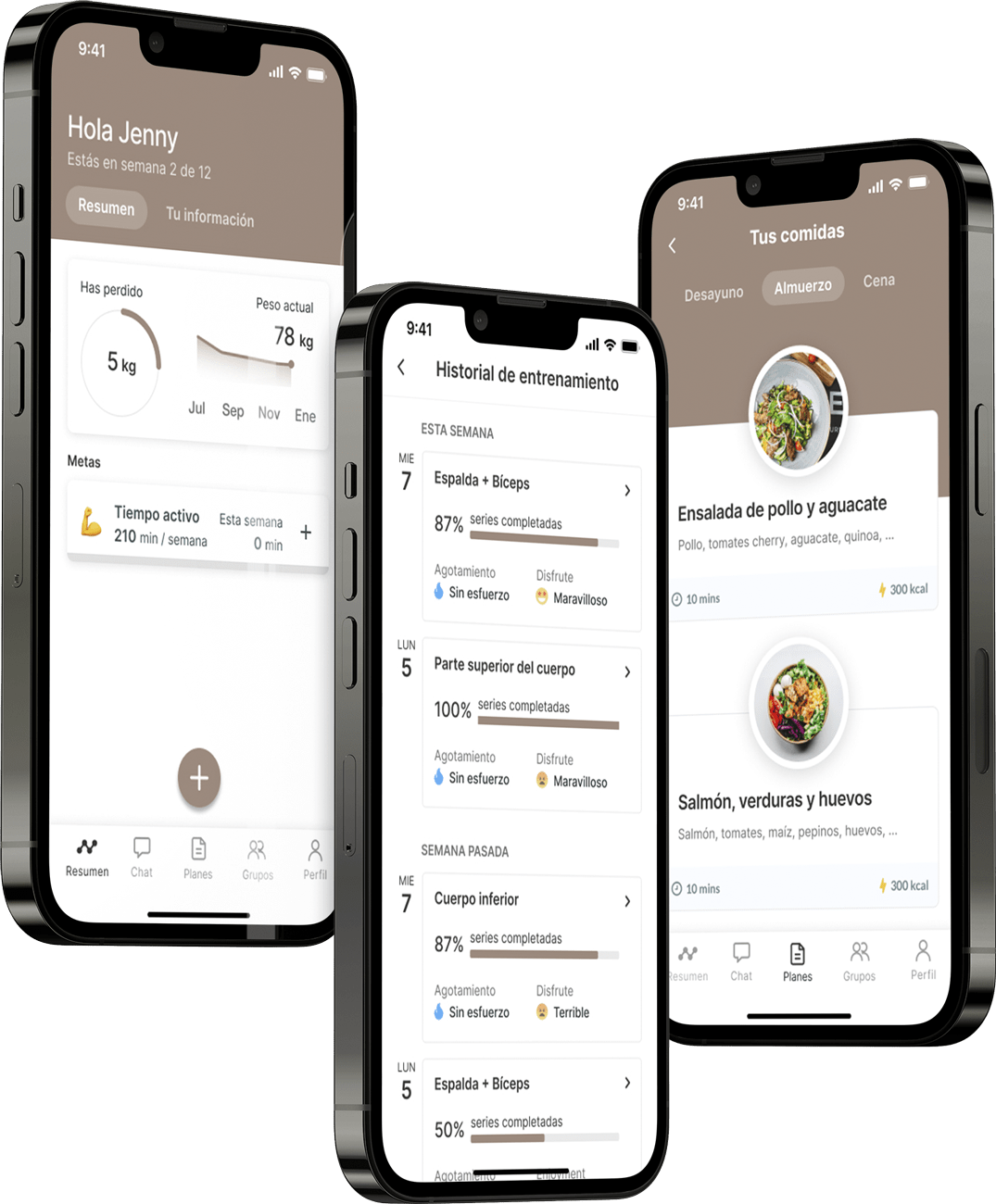 Un mockup de la app de coaching mostrando las funciones.